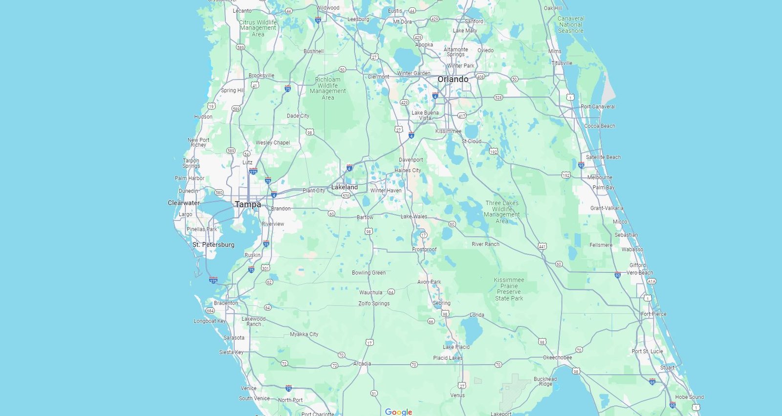 Central Florida service area map showing Tampa, Brandon, Valrico, Lakeland, and Orlando